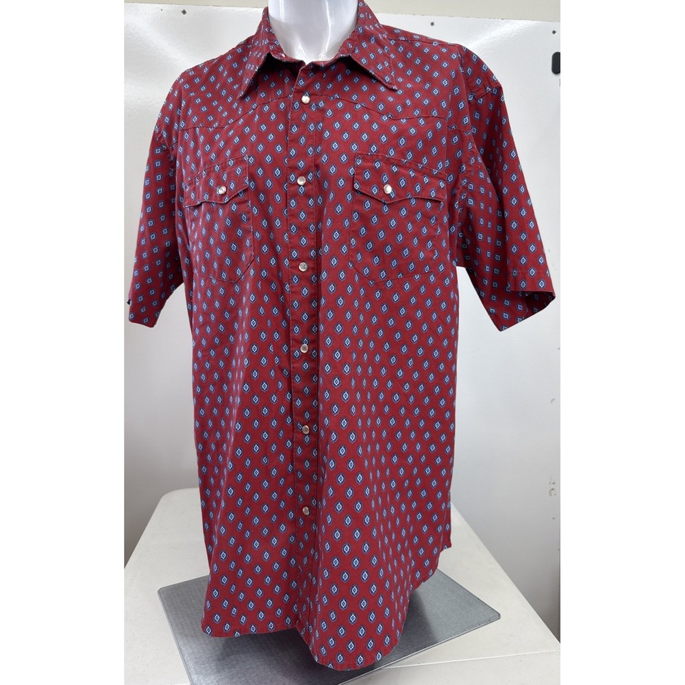 Wrangler Wrancher Western Shirt Mens XL Red Geometric Medallion Pearl Snap SS